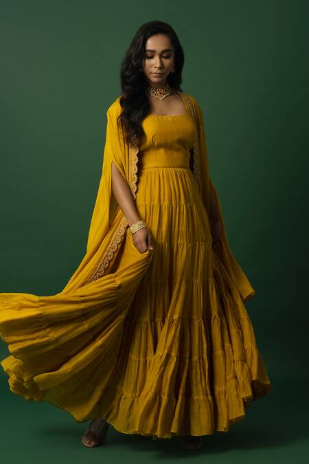 Buy_Day And Mood_Yellow Chiffon Scoop Neck Mul Chanderi Anarkali Set With Cape _Online_at_Aza_Fashions