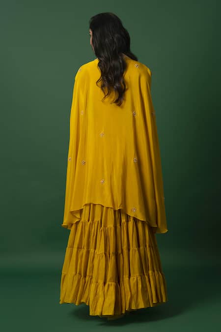 Day And Mood Yellow Mul Chanderi Anarkali Set With Cape 