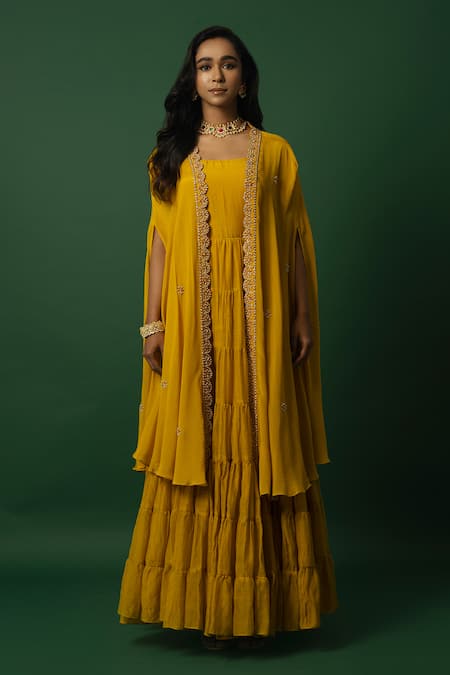 Shop_Day And Mood_Yellow Chiffon Scoop Neck Mul Chanderi Anarkali Set With Cape _Online_at_Aza_Fashions