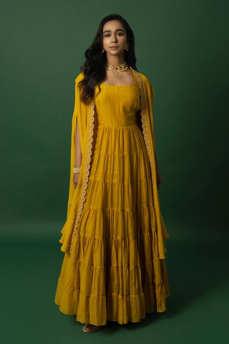 Day And Mood_Yellow Chiffon Scoop Neck Mul Chanderi Anarkali Set With Cape _at_Aza_Fashions