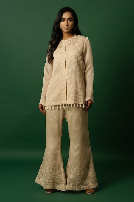 DAY AND MOOD Beige Organza Fusion Kurta Set 
