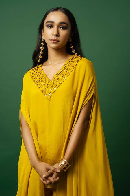 Buy_Day And Mood_Yellow Chiffon, Organza Beads V-neck Kaftan Set _Online_at_Aza_Fashions