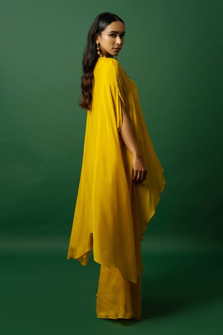Shop_Day And Mood_Yellow Chiffon, Organza Beads V-neck Kaftan Set _Online_at_Aza_Fashions