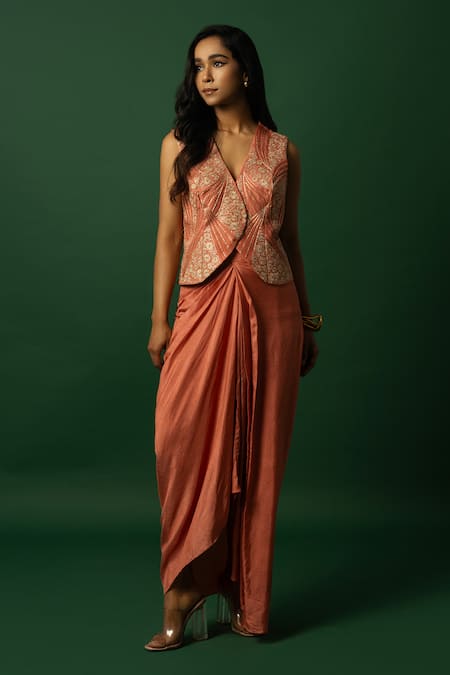 DAY AND MOOD Burnt Orange Dola Silk Kurta Set 