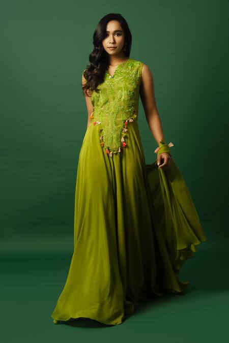 Buy_Day And Mood_Green Chiffon Embroidery, Tassels V-neck Jumpsuit Set _Online_at_Aza_Fashions