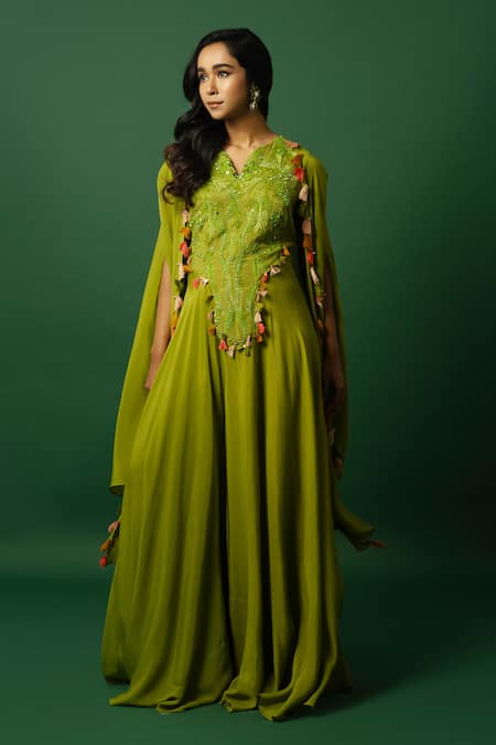 DAY AND MOOD Embroidered Green Chiffon Jumpsuit Set 