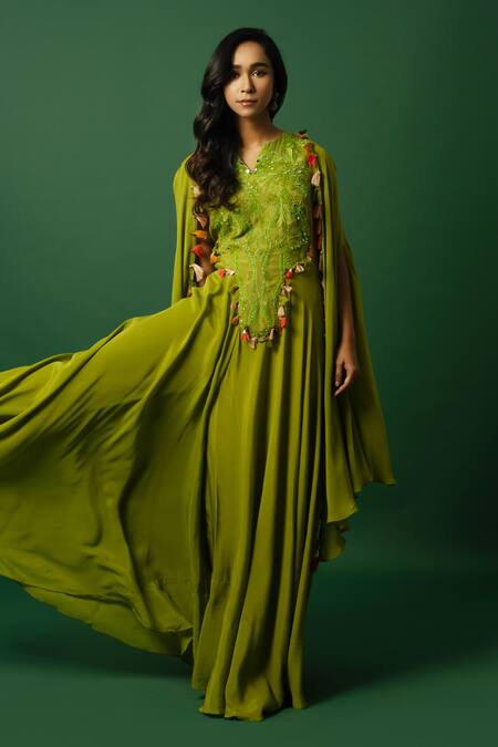 Shop_Day And Mood_Green Chiffon Embroidery, Tassels V-neck Jumpsuit Set _Online_at_Aza_Fashions