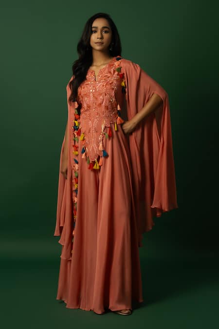 DAY AND MOOD Burnt Orange Embroidered Jumpsuit with Cape 