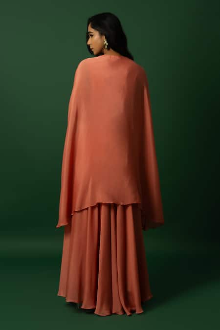 Day And Mood Burnt Orange Embroidered Jumpsuit with Cape 