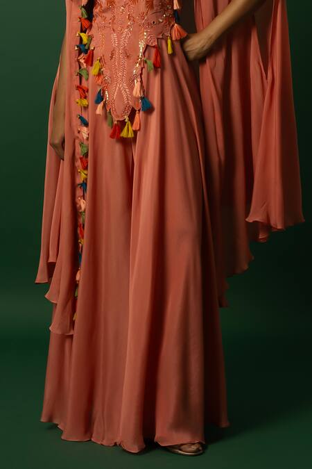 Day And Mood_Orange Chiffon Tassels, Embroidery Burnt Jumpsuit With Cape _Online_at_Aza_Fashions