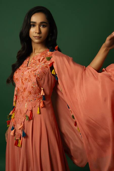 Shop_Day And Mood_Orange Chiffon Tassels, Embroidery Burnt Jumpsuit With Cape _Online_at_Aza_Fashions