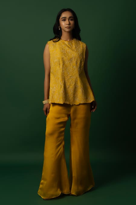 DAY AND MOOD Yellow Silk Organza Pant Set 