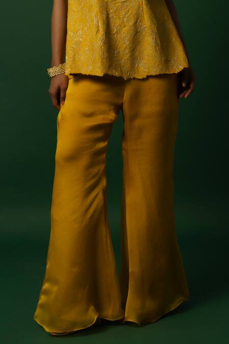 Day And Mood_Yellow Silk, Organza Embroidery Round Neck Pant Set _Online_at_Aza_Fashions