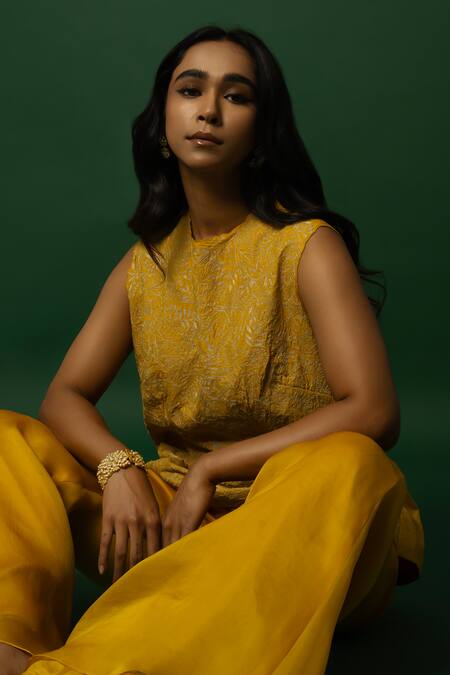 Buy_Day And Mood_Yellow Silk, Organza Embroidery Round Neck Pant Set _Online_at_Aza_Fashions