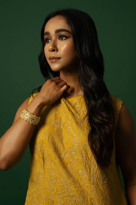 Shop_Day And Mood_Yellow Silk, Organza Embroidery Round Neck Pant Set _Online_at_Aza_Fashions