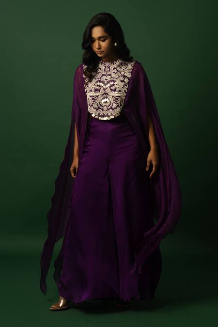 Buy_Day And Mood_Purple Sequins, Beads Round Neck Embroidered Kaftan Set _Online_at_Aza_Fashions