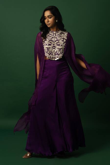 Shop_Day And Mood_Purple Sequins, Beads Round Neck Embroidered Kaftan Set _Online_at_Aza_Fashions