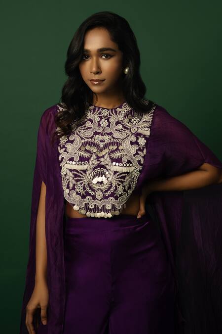 Day And Mood_Purple Sequins, Beads Round Neck Embroidered Kaftan Set _at_Aza_Fashions