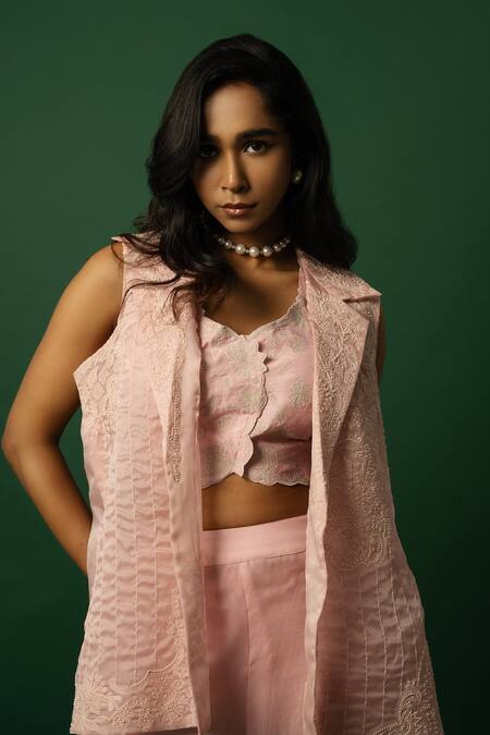Day And Mood Pink Organza, Silk Embroidery Sweetheart Neck Baby Blazer Set Online at Aza Fashions Day And Mood_Pink Organza, Silk Embroidery Sweetheart Neck Baby Blazer Set _Online_at_Aza_Fashions