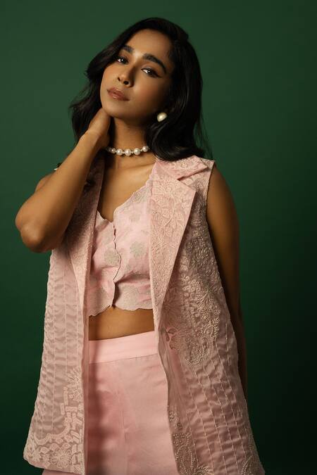 Buy Day And Mood Pink Organza, Silk Embroidery Sweetheart Neck Baby Blazer Set Online at Aza Fashions Buy_Day And Mood_Pink Organza, Silk Embroidery Sweetheart Neck Baby Blazer Set _Online_at_Aza_Fashions