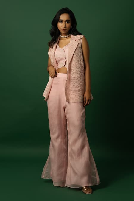 Day And Mood Baby Pink Organza Silk Blazer Set 