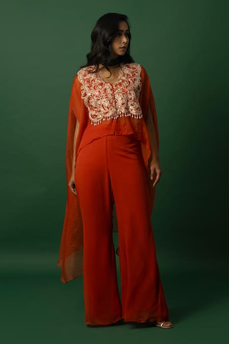 Day And Mood Orange Embroidered Cape & Pant Set 