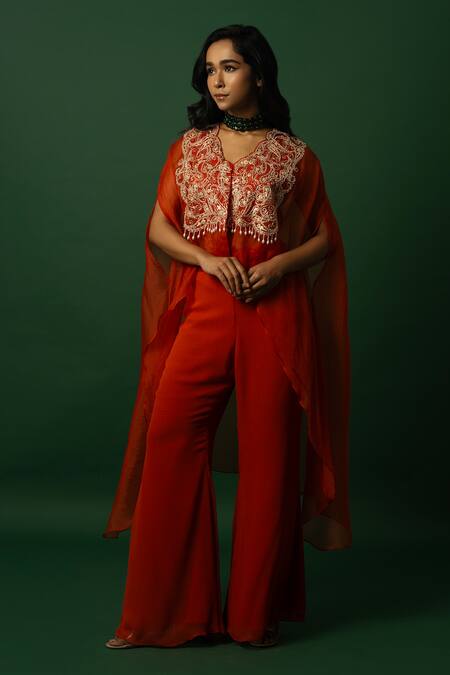 Buy_Day And Mood_Orange Organza, Taffeta, Georgette Embroidery Cape And Pant Set _Online_at_Aza_Fashions