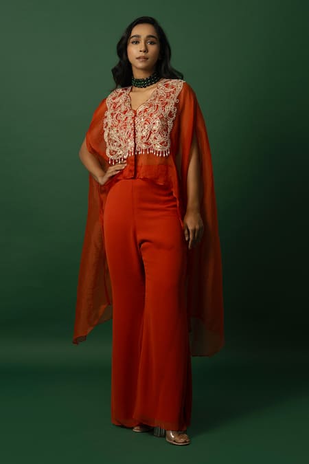 DAY AND MOOD Orange Embroidered Cape & Pant Set 