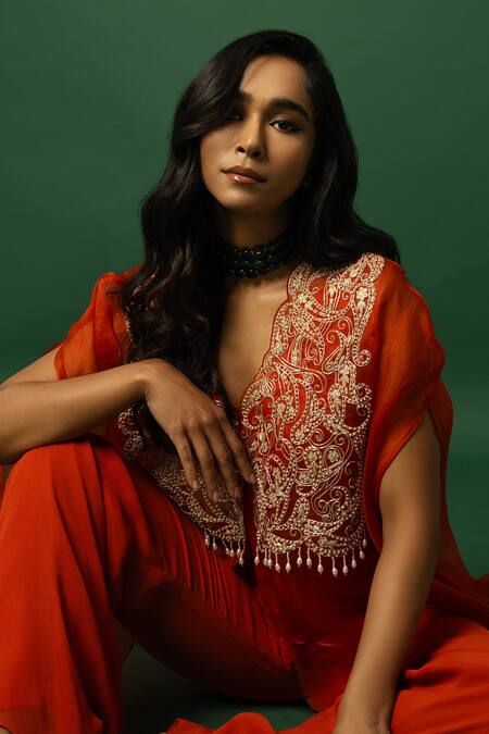 Shop_Day And Mood_Orange Organza, Taffeta, Georgette Embroidery Cape And Pant Set _Online_at_Aza_Fashions