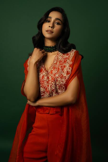 Day And Mood_Orange Organza, Taffeta, Georgette Embroidery Cape And Pant Set _at_Aza_Fashions