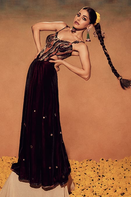 Shop_Reeti Arneja - Theklub_Multi Color Microfiber Embroidery Scoop Black Pre-draped Saree And Corset Blouse 