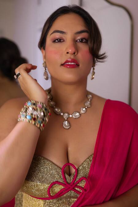 Shop Reeti Arneja - Theklub Gold Georgette Bows Sweetheart Neck Pink Saree With Corset Blouse Shop_Reeti Arneja - Theklub_Gold Georgette Bows Sweetheart Neck Pink Saree With Corset Blouse