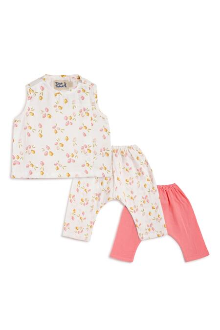 Shop Tiber Taber White Cotton Floral Print Kids Pant Set at Aza Fashions Shop_Tiber Taber_White Cotton Floral Print Kids Pant Set _at_Aza_Fashions