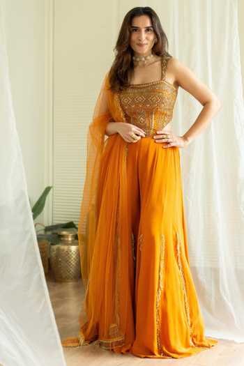 Buy_Reeti Arneja_Orange Net, Georgette Sequins, Beads, Embroidery Floral Corset Sharara Set 