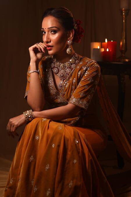 Buy Reeti Arneja Yellow Velvet Beads, Cut Work Pre-draped Fish Saree With Embroidered Blouse Online at Aza Fashions Buy_Reeti Arneja_Yellow Velvet Beads, Cut Work Pre-draped Fish Saree With Embroidered Blouse _Online_at_Aza_Fashions