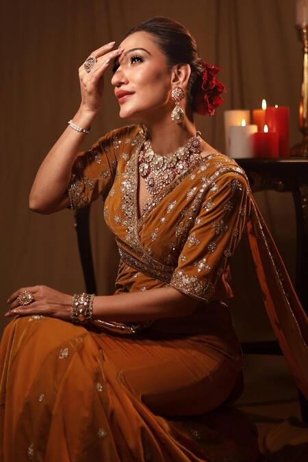 Shop Reeti Arneja Yellow Velvet Beads, Cut Work Pre-draped Fish Saree With Embroidered Blouse Shop_Reeti Arneja_Yellow Velvet Beads, Cut Work Pre-draped Fish Saree With Embroidered Blouse