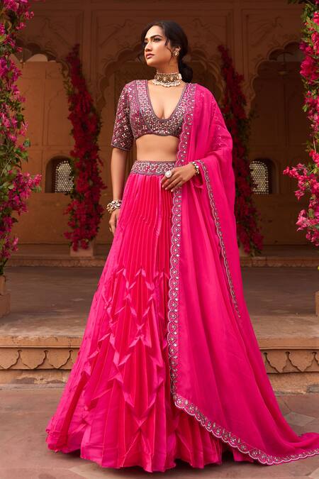 Buy Reeti Arneja Pink Velvet, Georgette, Geometric Pleated Lehenga Hand Embroidered Blouse Set Buy_Reeti Arneja_Pink Velvet, Georgette, Geometric Pleated Lehenga Hand Embroidered Blouse Set