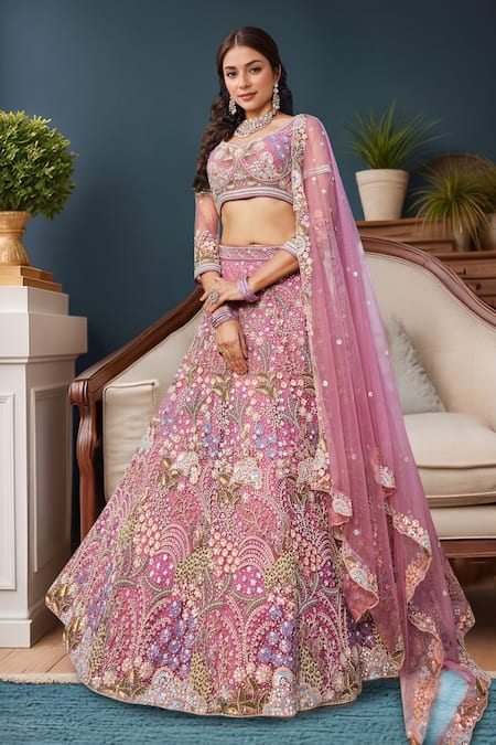 Samyukta Singhania_Pink Net Sequins, Embroidery Round Neck Lehenga Set _at_Aza_Fashions