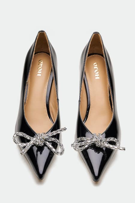 Oroh_Black Rhinestones, Bows Embellished Heels _at_Aza_Fashions