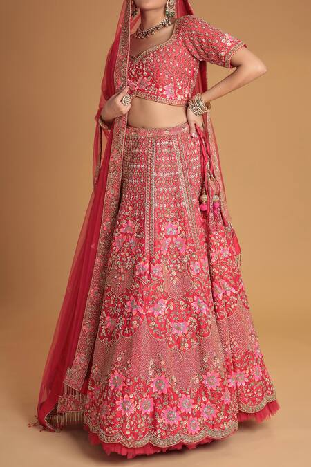 Samyukta Singhania_Red Silk Embroidery, Tassels, Pom-poms Bridal Lehenga Set_Online_at_Aza_Fashions