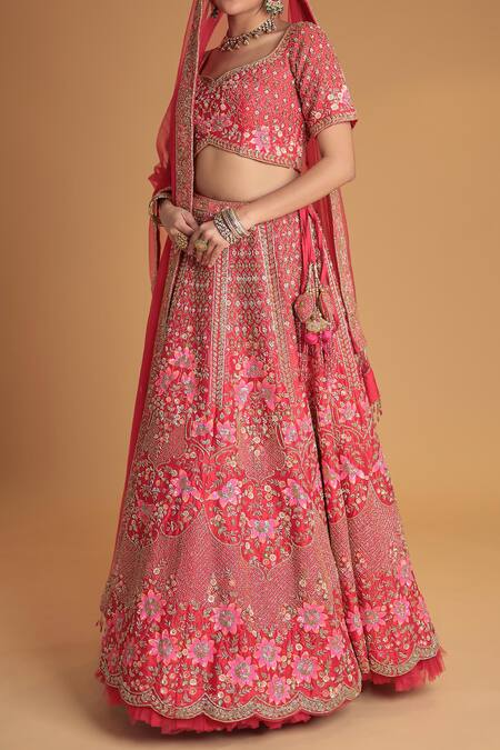 Buy_Samyukta Singhania_Red Silk Embroidery, Tassels, Pom-poms Bridal Lehenga Set_Online_at_Aza_Fashions