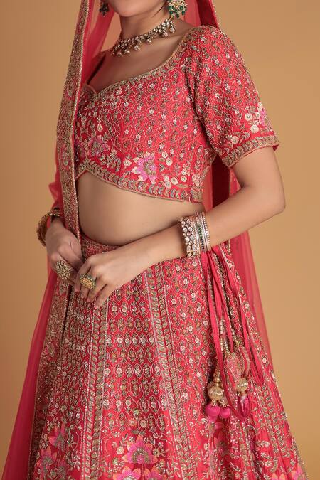 Samyukta Singhania_Red Silk Embroidery, Tassels, Pom-poms Bridal Lehenga Set_at_Aza_Fashions