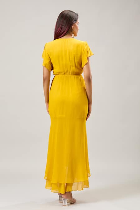 Shop Naintara Bajaj Mustard Georgette V-neck Yellow Midi Dress at Aza Fashions Shop_Naintara Bajaj_Mustard Georgette V-neck Yellow Midi Dress _at_Aza_Fashions