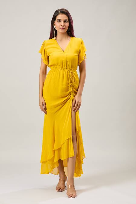 Naintara Bajaj Mustard Georgette V-neck Yellow Midi Dress Online at Aza Fashions Naintara Bajaj_Mustard Georgette V-neck Yellow Midi Dress _Online_at_Aza_Fashions