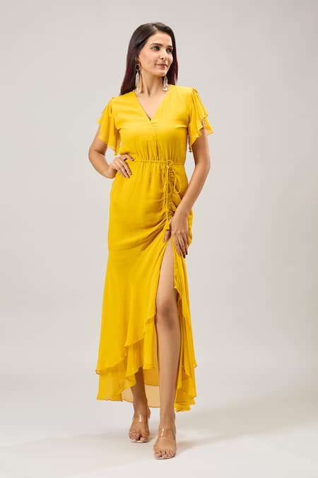 Buy Naintara Bajaj Mustard Georgette V-neck Yellow Midi Dress Online at Aza Fashions Buy_Naintara Bajaj_Mustard Georgette V-neck Yellow Midi Dress _Online_at_Aza_Fashions