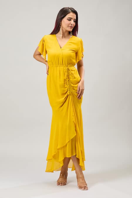 Shop Naintara Bajaj Mustard Georgette V-neck Yellow Midi Dress Online at Aza Fashions Shop_Naintara Bajaj_Mustard Georgette V-neck Yellow Midi Dress _Online_at_Aza_Fashions