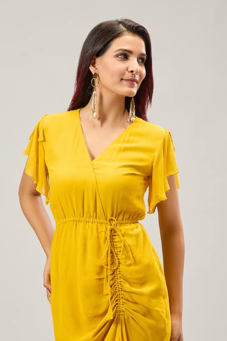 Naintara Bajaj Mustard Georgette V-neck Yellow Midi Dress at Aza Fashions Naintara Bajaj_Mustard Georgette V-neck Yellow Midi Dress _at_Aza_Fashions