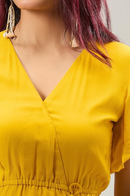 Buy Naintara Bajaj Mustard Georgette V-neck Yellow Midi Dress Buy_Naintara Bajaj_Mustard Georgette V-neck Yellow Midi Dress