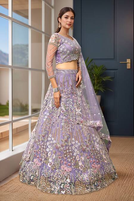 Shop_Samyukta Singhania_Mauve Net Sequins, Embroidery Lehenga Set