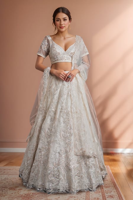 Samyukta Singhania Embroidered Cream Net Lehenga Set 